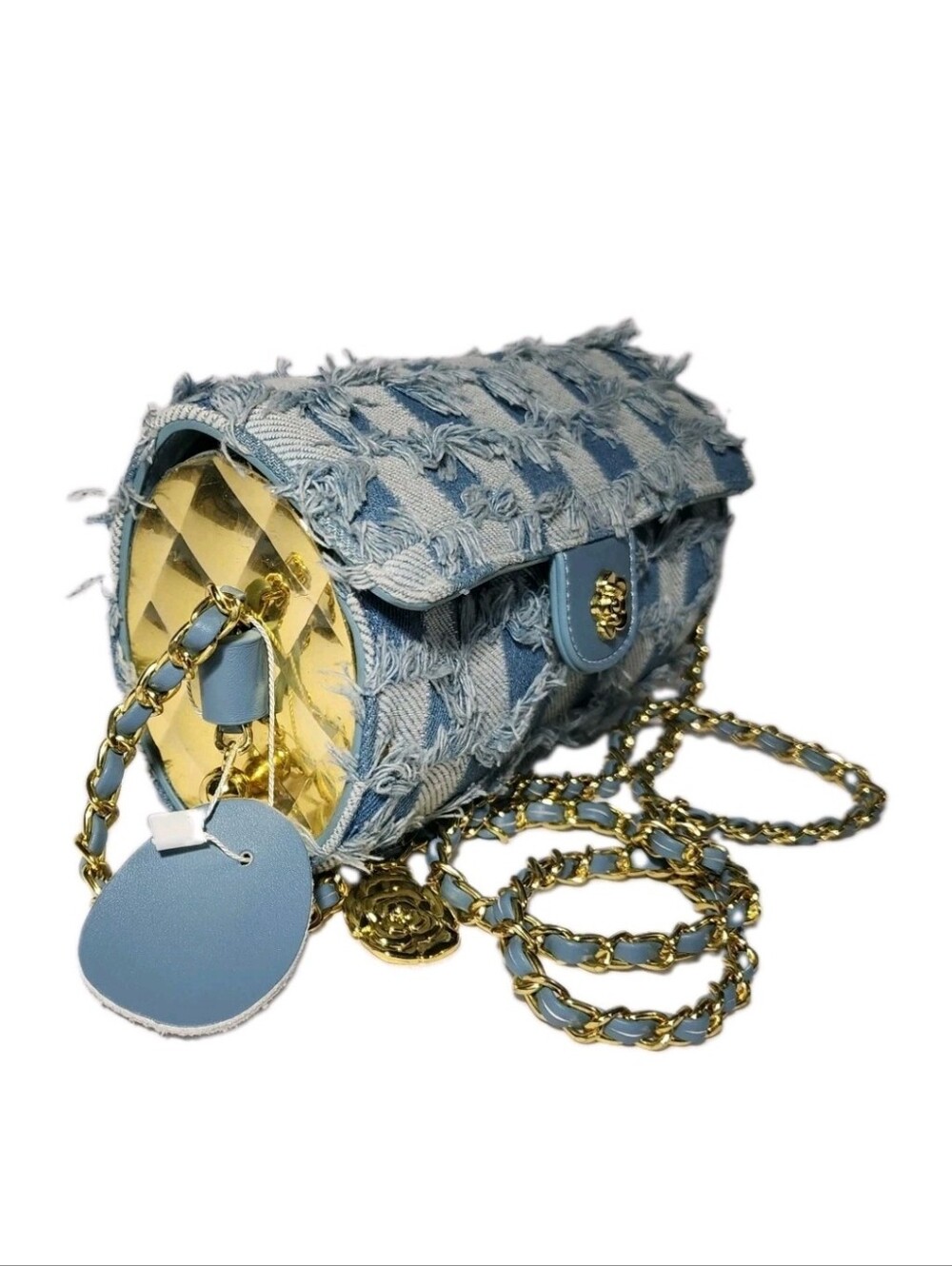 New Denim Purse Crossbody Gold Chain Strap Patchwork Floral Checkerboard Fringe